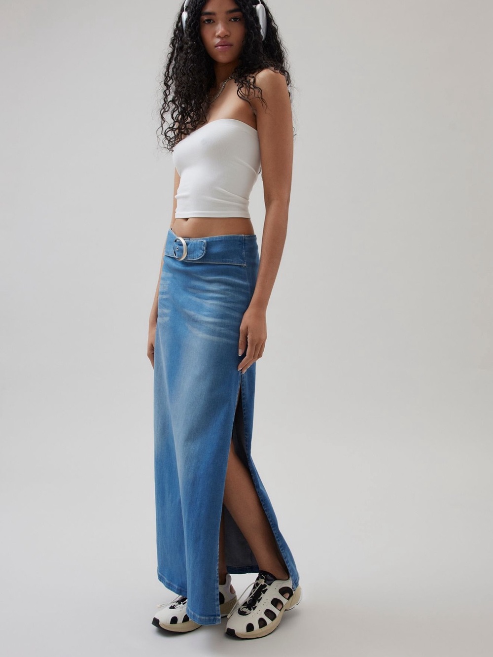 BDG Denim Maxi Skirt with Silver Ring Belt